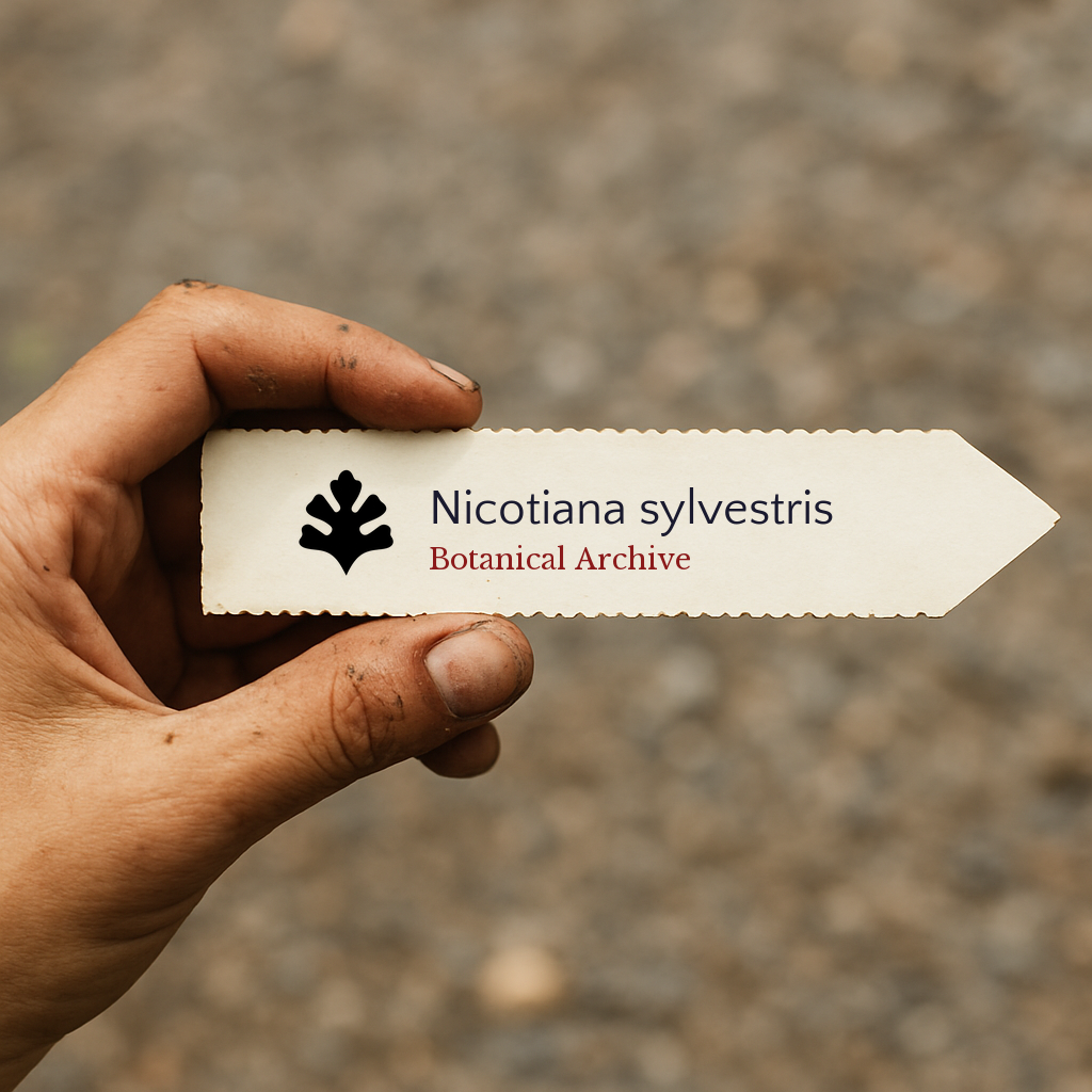 Etichetta vegetale stampata per Nicotiana sylvestris tenuta a mano con sfondo di terra