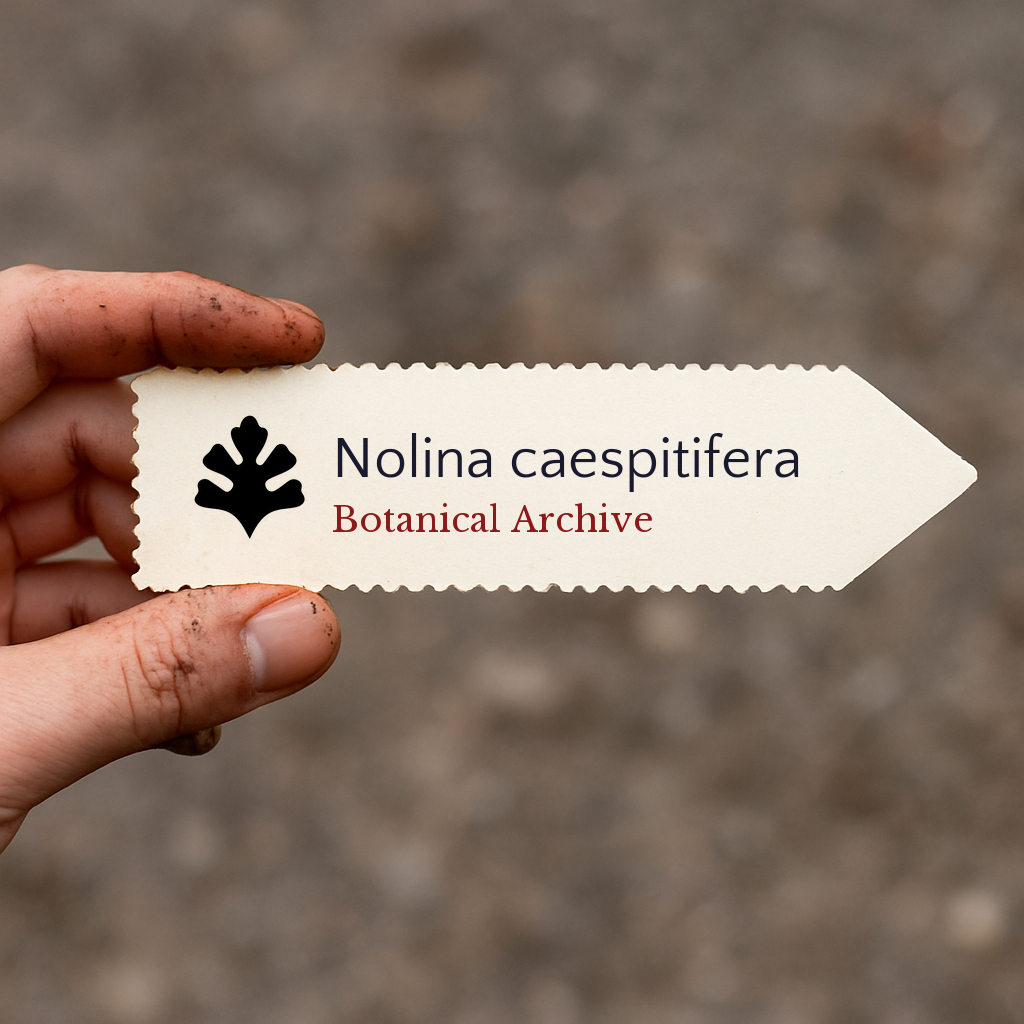 Etichetta per pianta stampata per Nolina caespitifera con logo Botanical Archive tenuta a mano