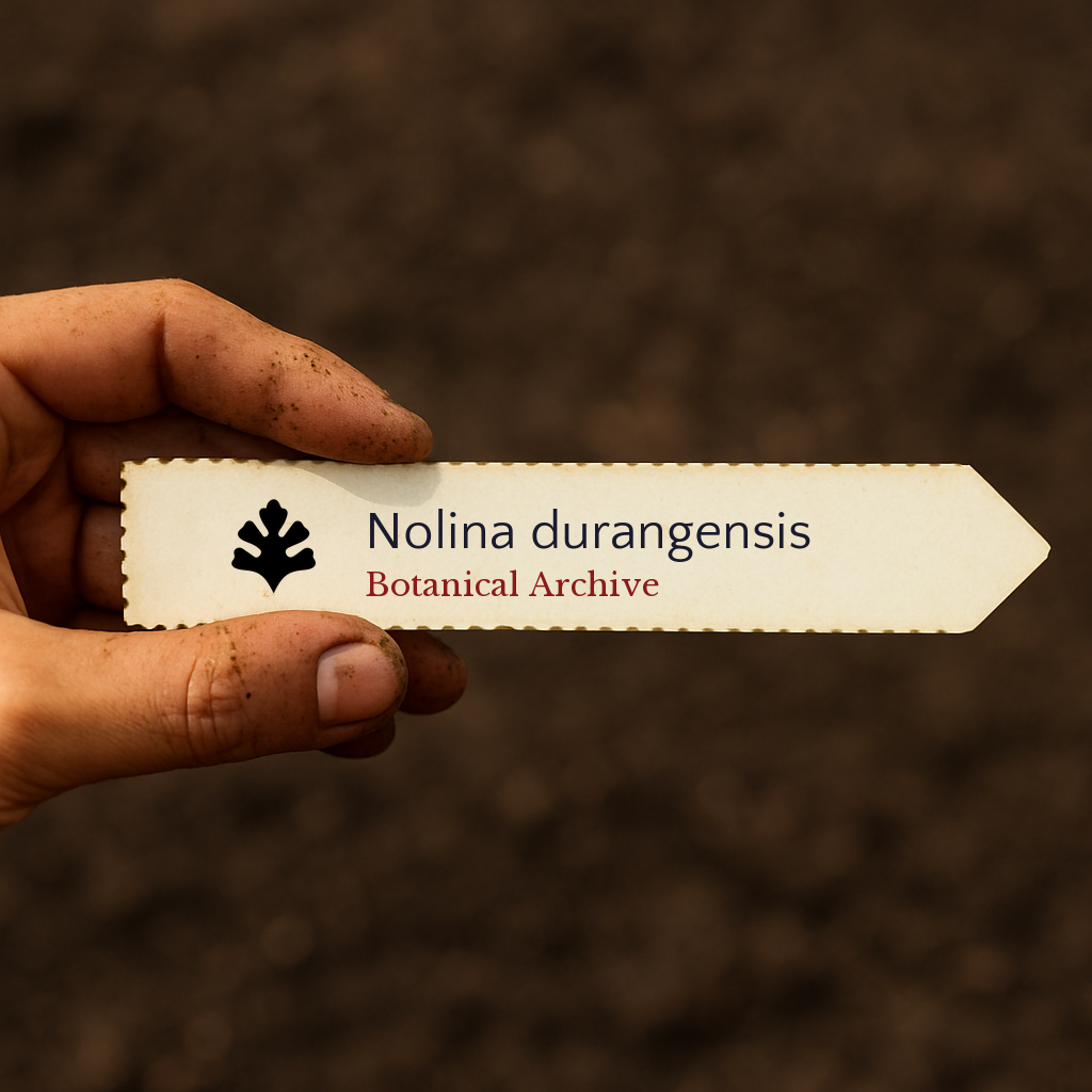 Etichetta per pianta stampata di Nolina durangensis tenuta a mano su sfondo di terreno