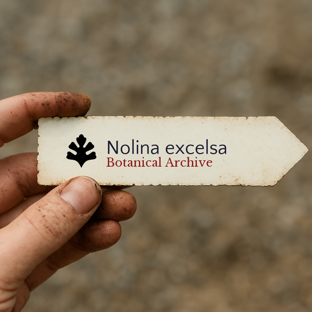 Printed botanical archive label for Nolina excelsa held by dirty hand outdoors