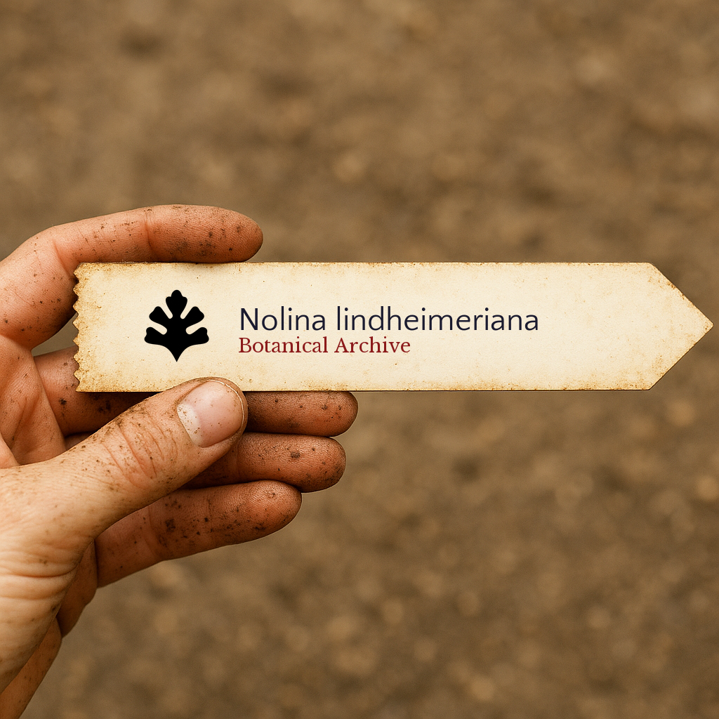 Printed plant label for Nolina lindheimeriana held by dirty hand outdoors