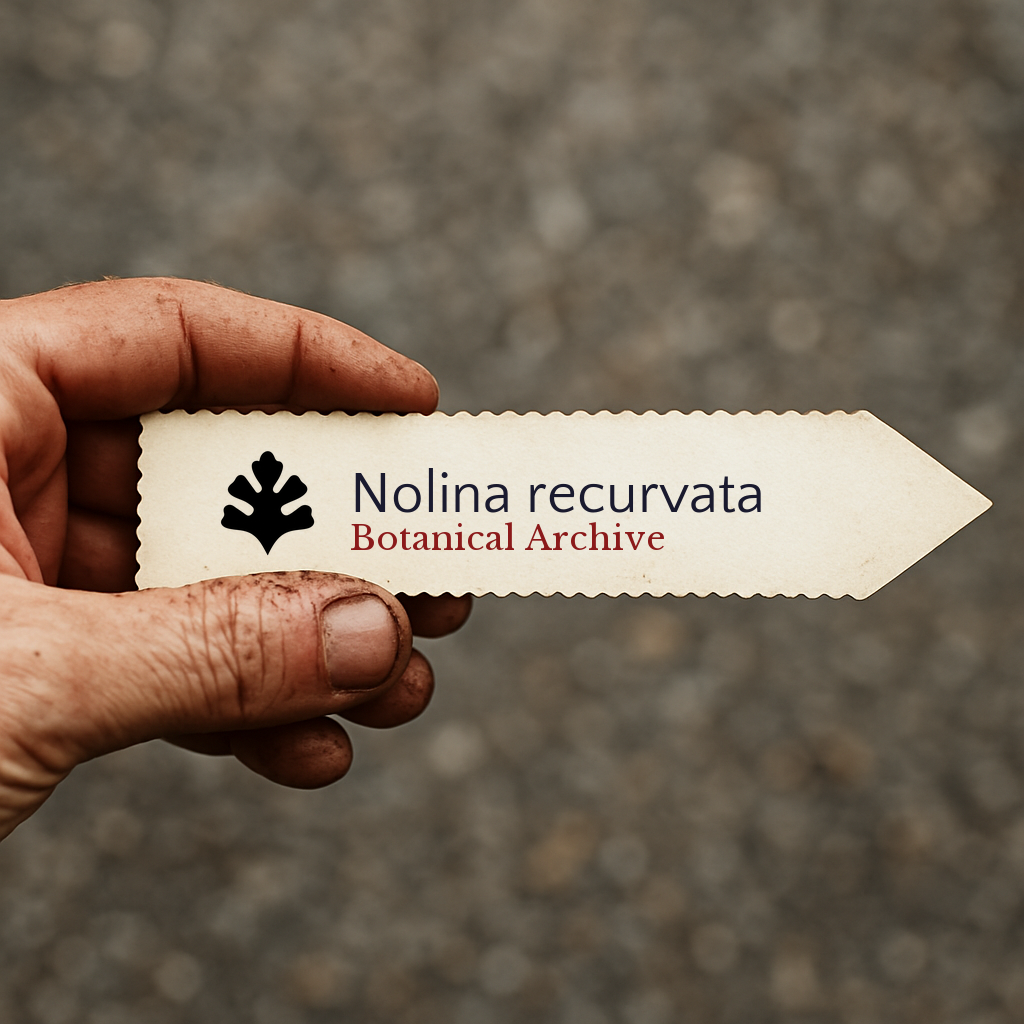 Printed plant label for Nolina recurvata with botanical archive logo held by dirty hand