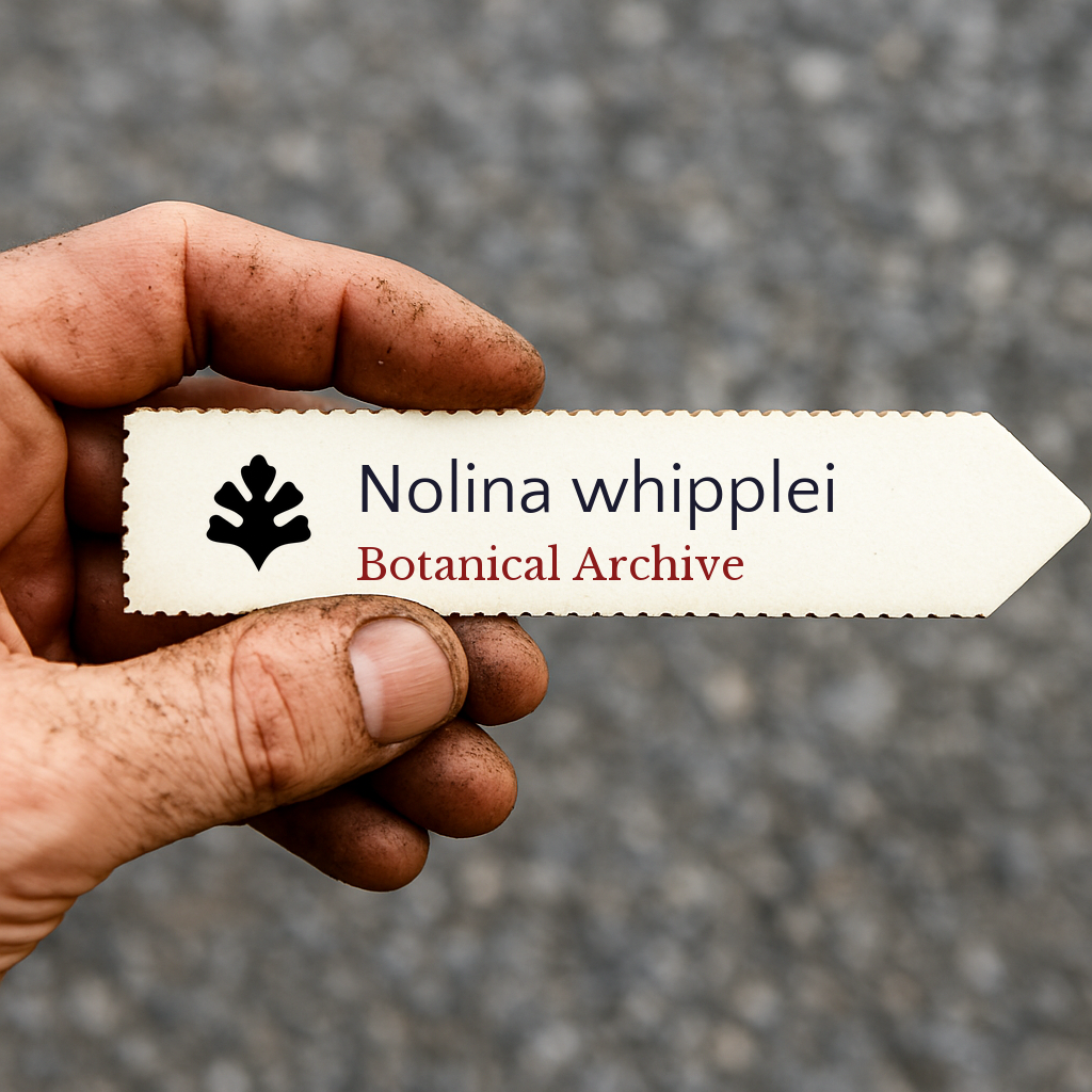 Printed plant label for Nolina whipplei held by dirty hand outdoors