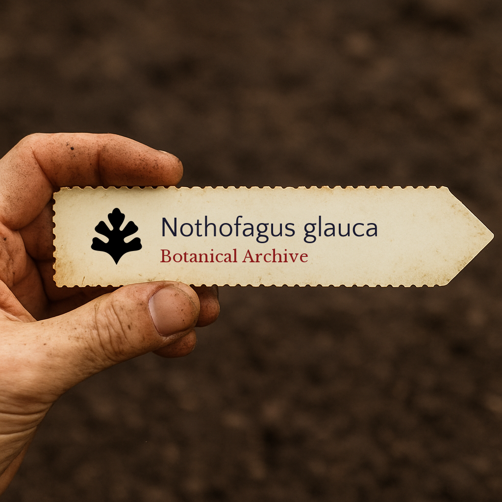 Printed plant label for Nothofagus glauca held by dirty hand over soil background