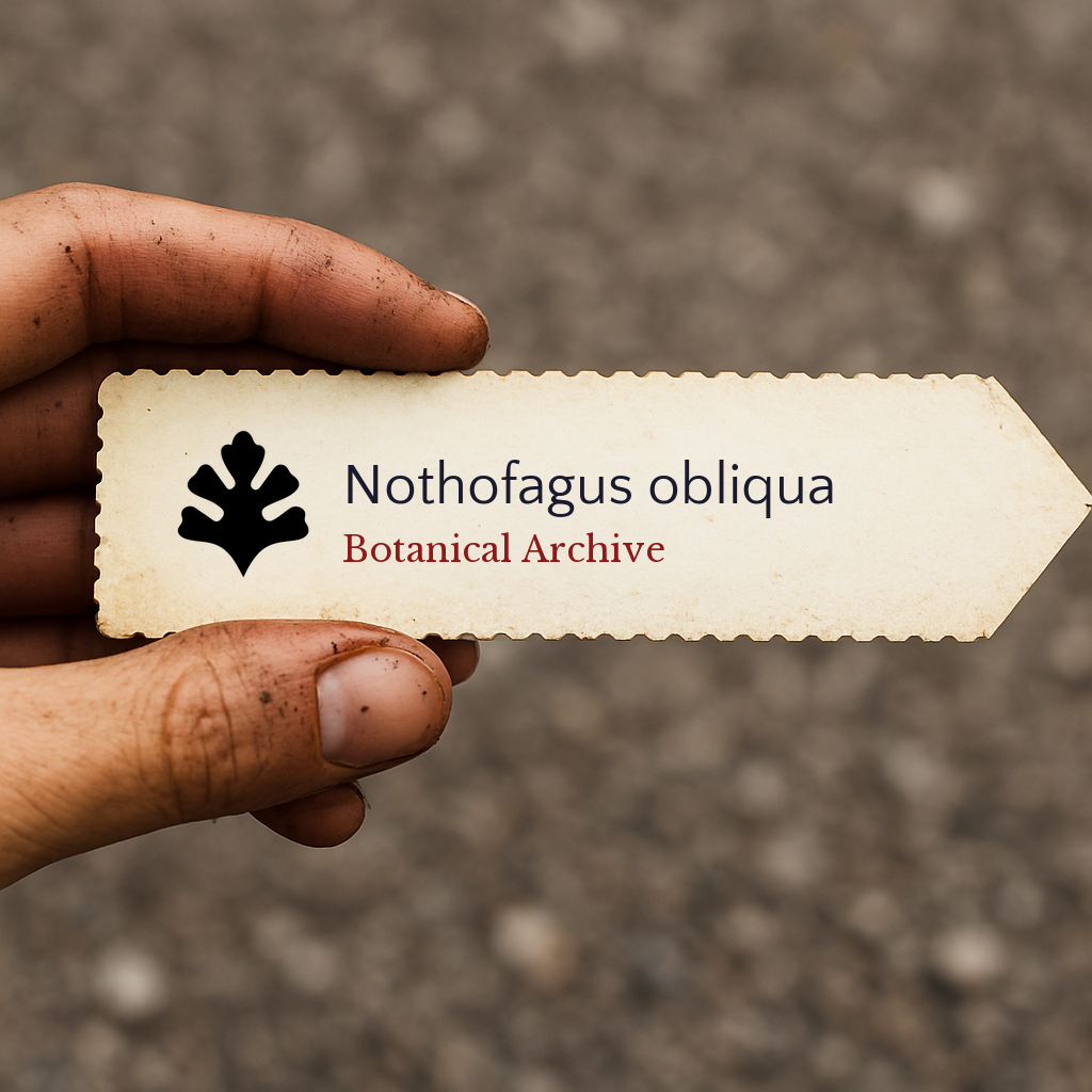 Etichetta stampata per pianta di Nothofagus obliqua con logo Botanical Archive tenuta a mano