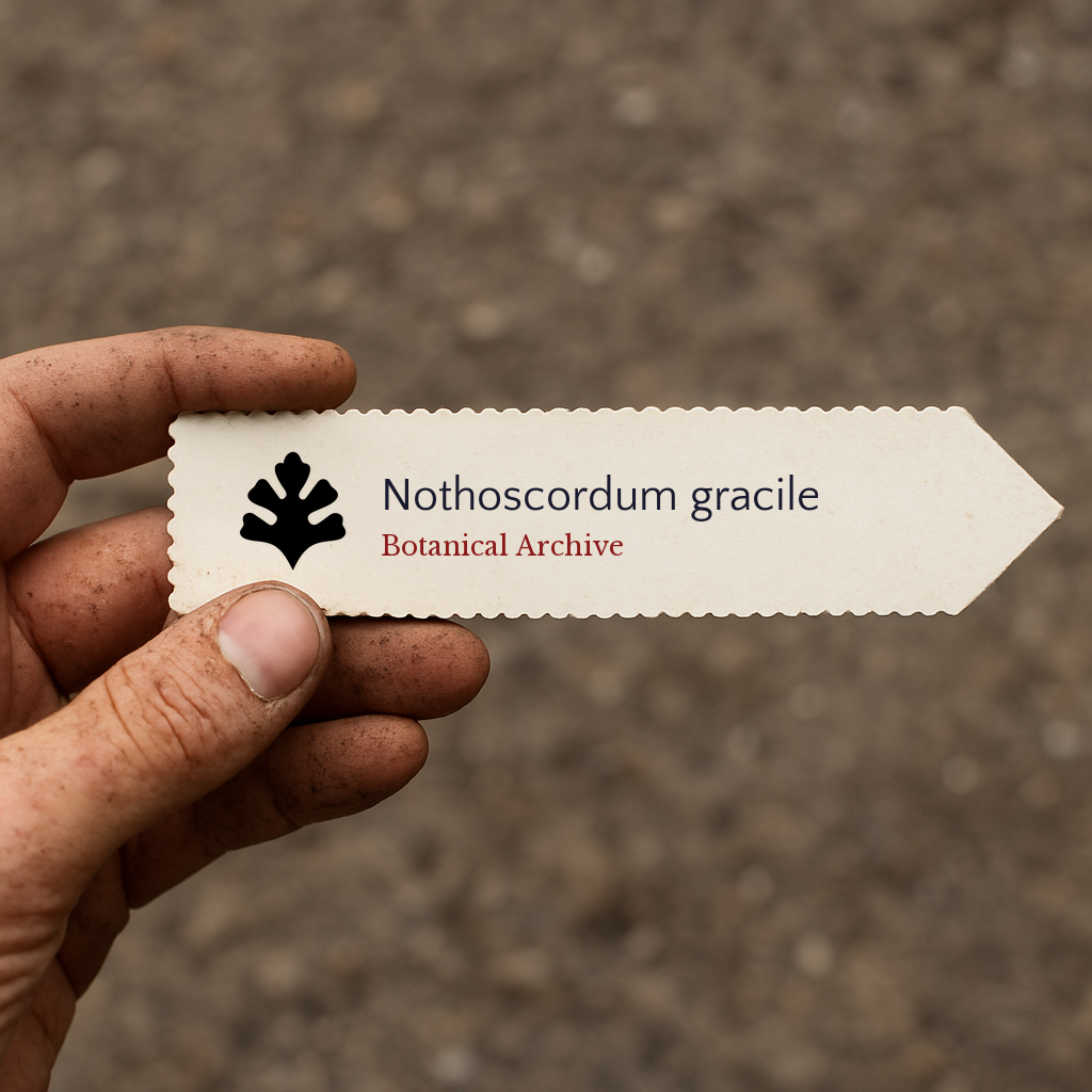 Etichetta stampata per pianta di Nothoscordum gracile con logo Botanical Archive in mano