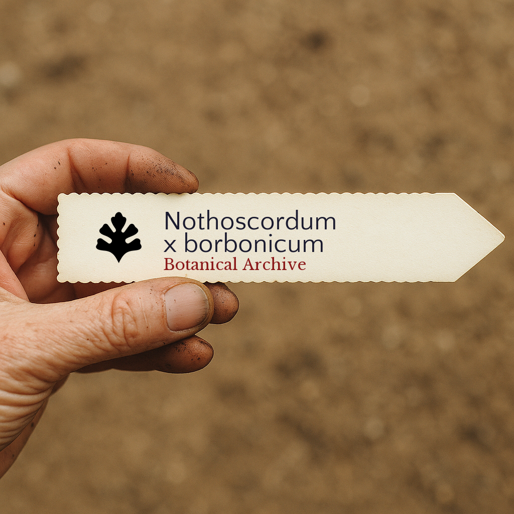 Etichetta per piante stampata per Nothoscordum x borbonicum tenuta a mano con sfondo di terreno