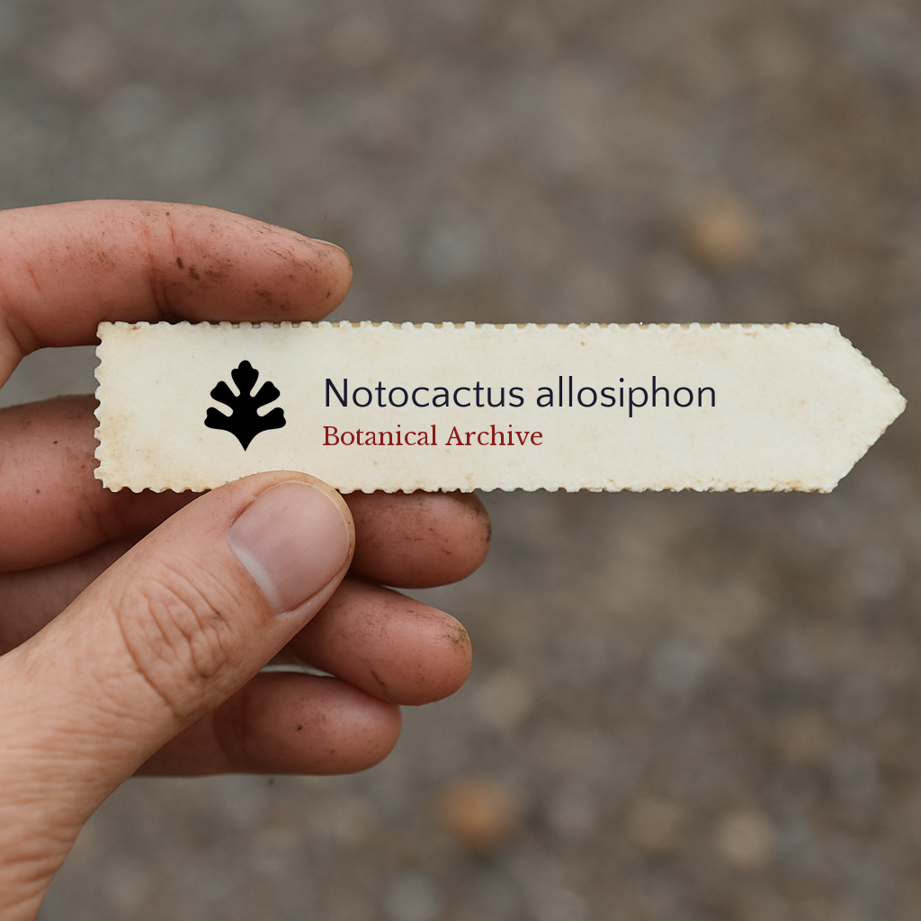 Etichetta per pianta stampata per Notocactus allosiphon tenuta a mano con sfondo di terra