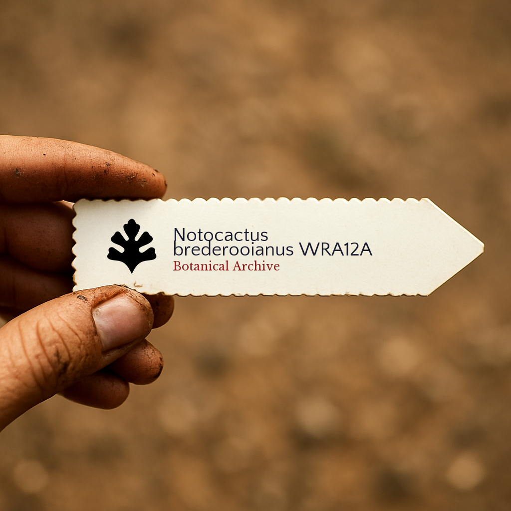 Printed plant label for Notocactus brederooianus held by hand with soil background