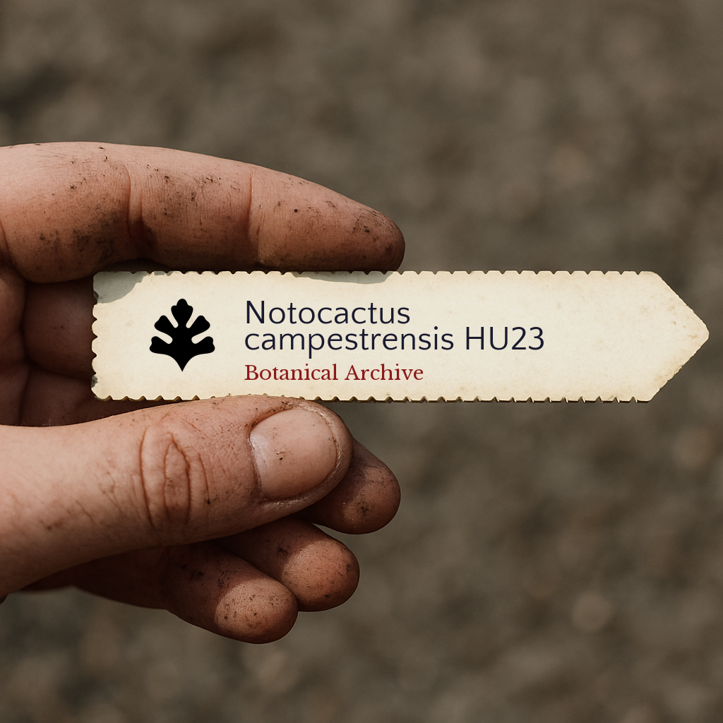 Printed plant label for Notocactus campestrensis HU23 held by dirty hand outdoors