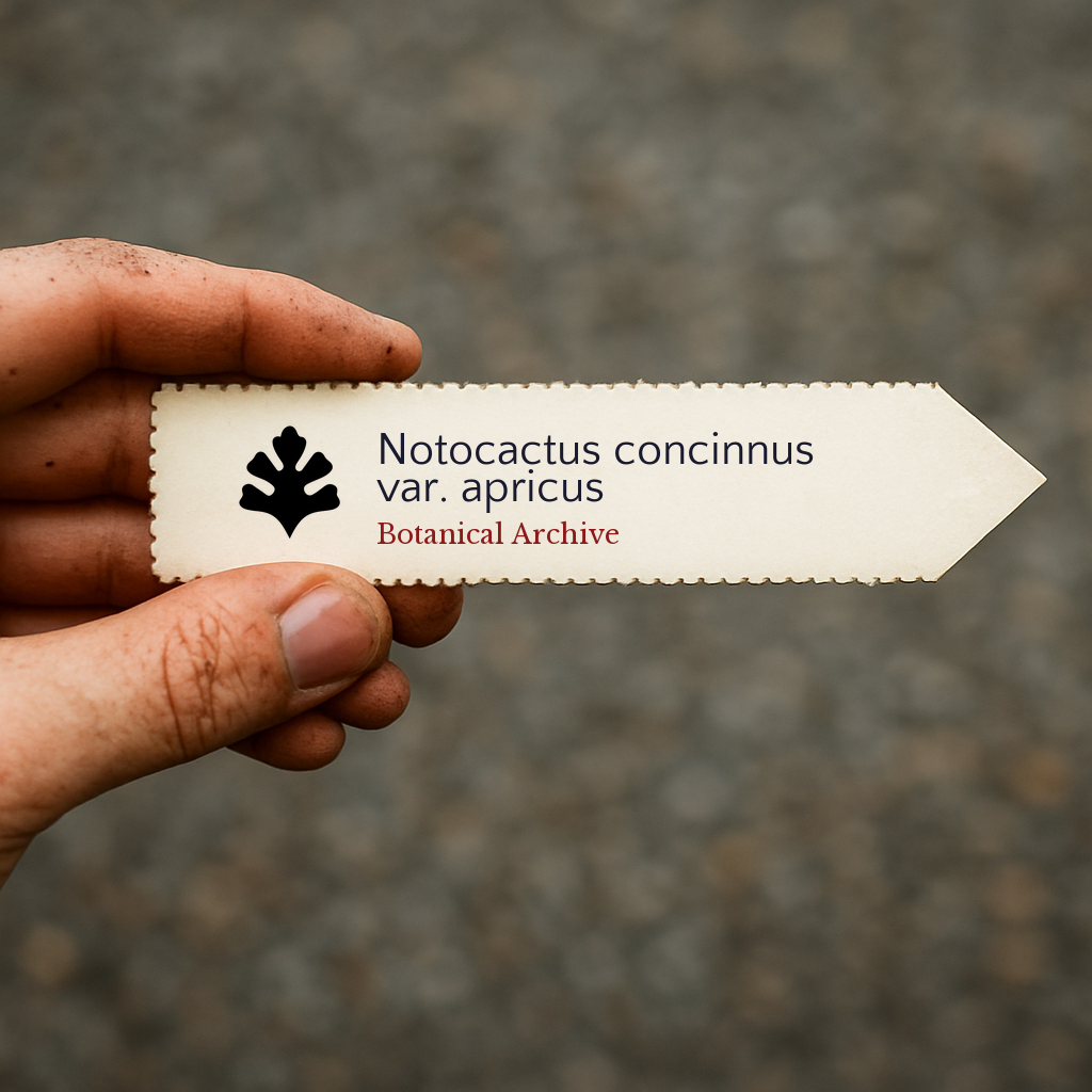 Printed plant label for Notocactus concinnus var. apricus held in hand with botanical archive logo