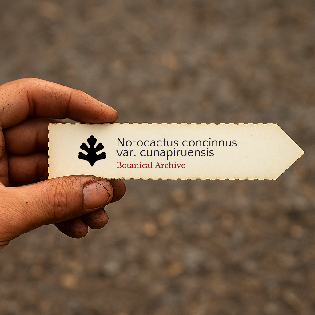 Handheld printed plant label for Notocactus concinnus var. cunapiruensis with botanical archive logo