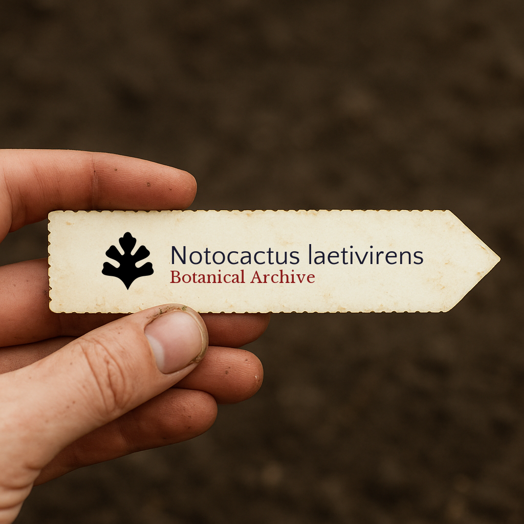 Printed plant label for Notocactus laetivirens held over soil background