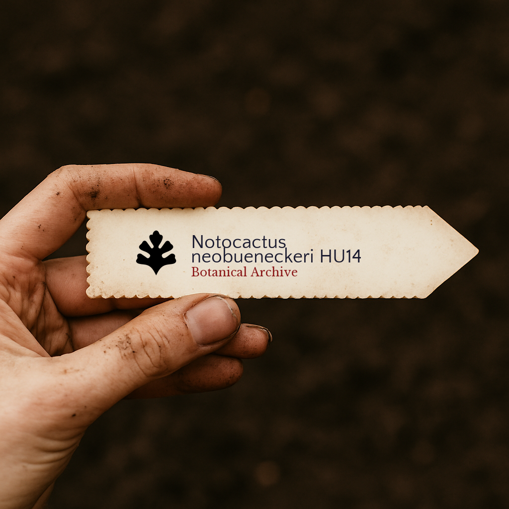 Printed plant label for Notocactus neobueneckeri HU14 held by hand with soil background