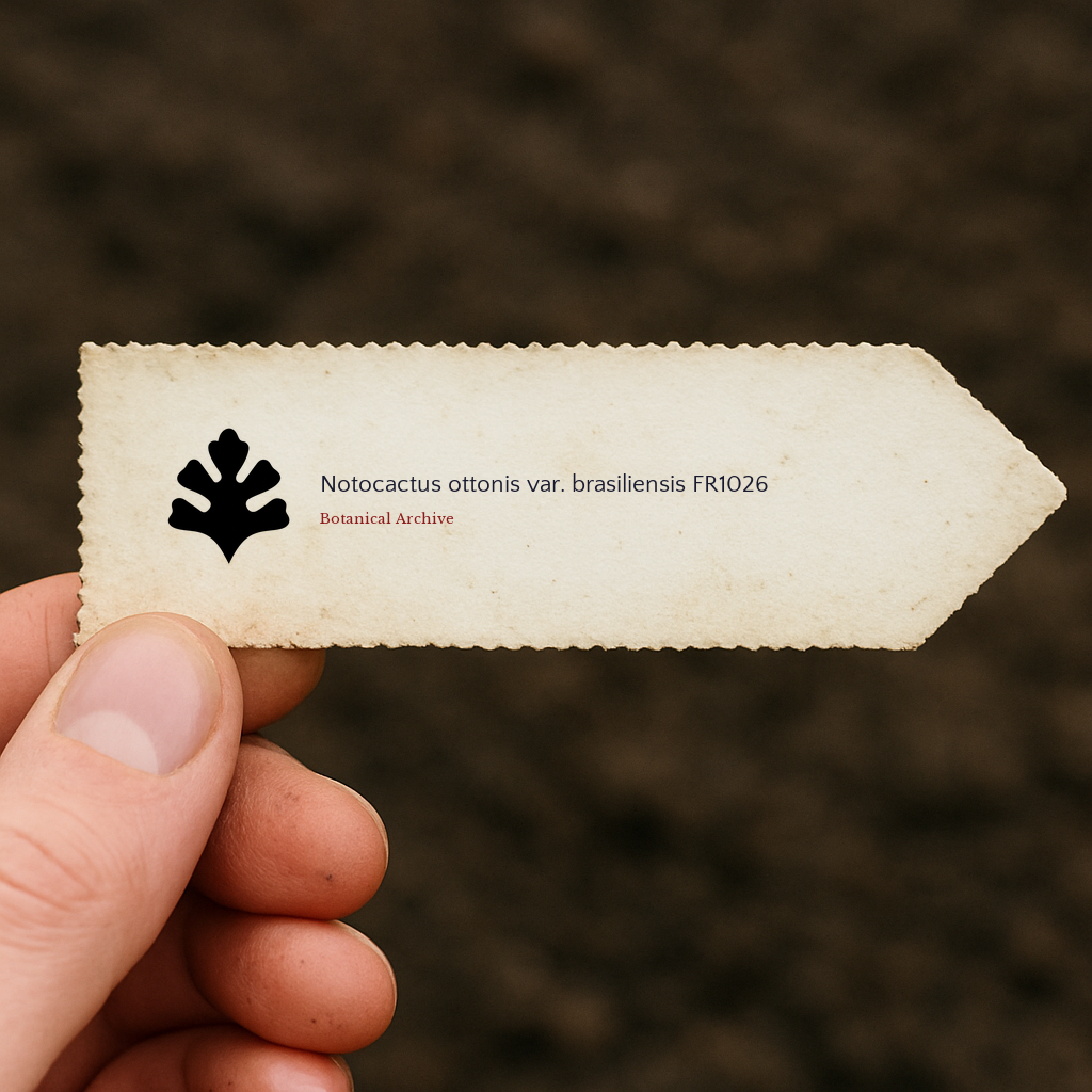 Printed plant label for Notocactus ottonis var. brasiliensis held over soil background