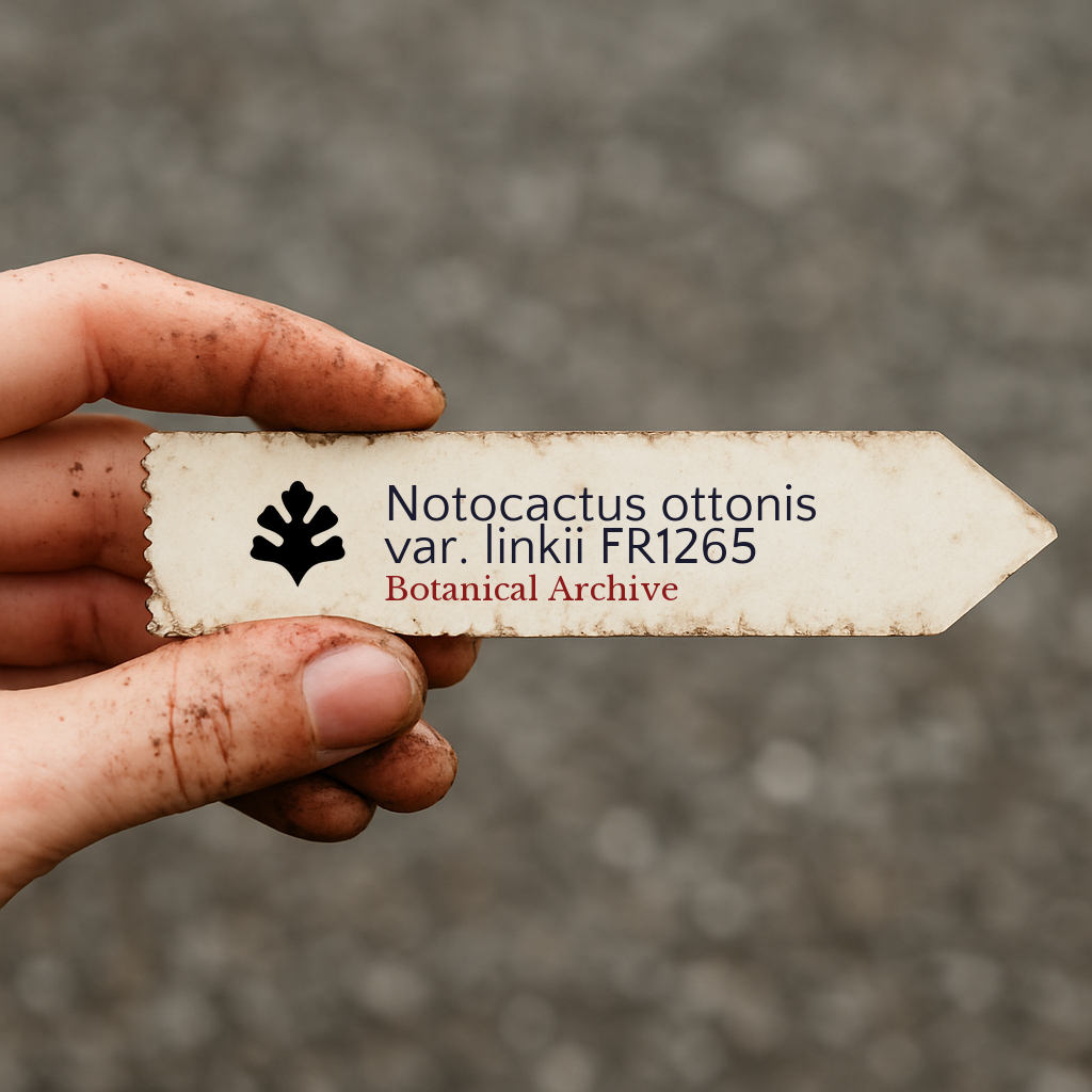 Printed plant label for Notocactus ottonis var. linkii held by dirty hand