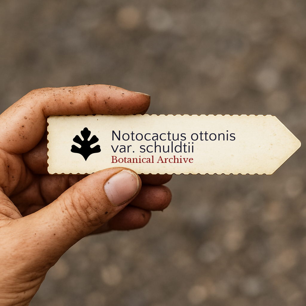 Printed plant label for Notocactus ottonis var. schuldtii held in hand with dirt background