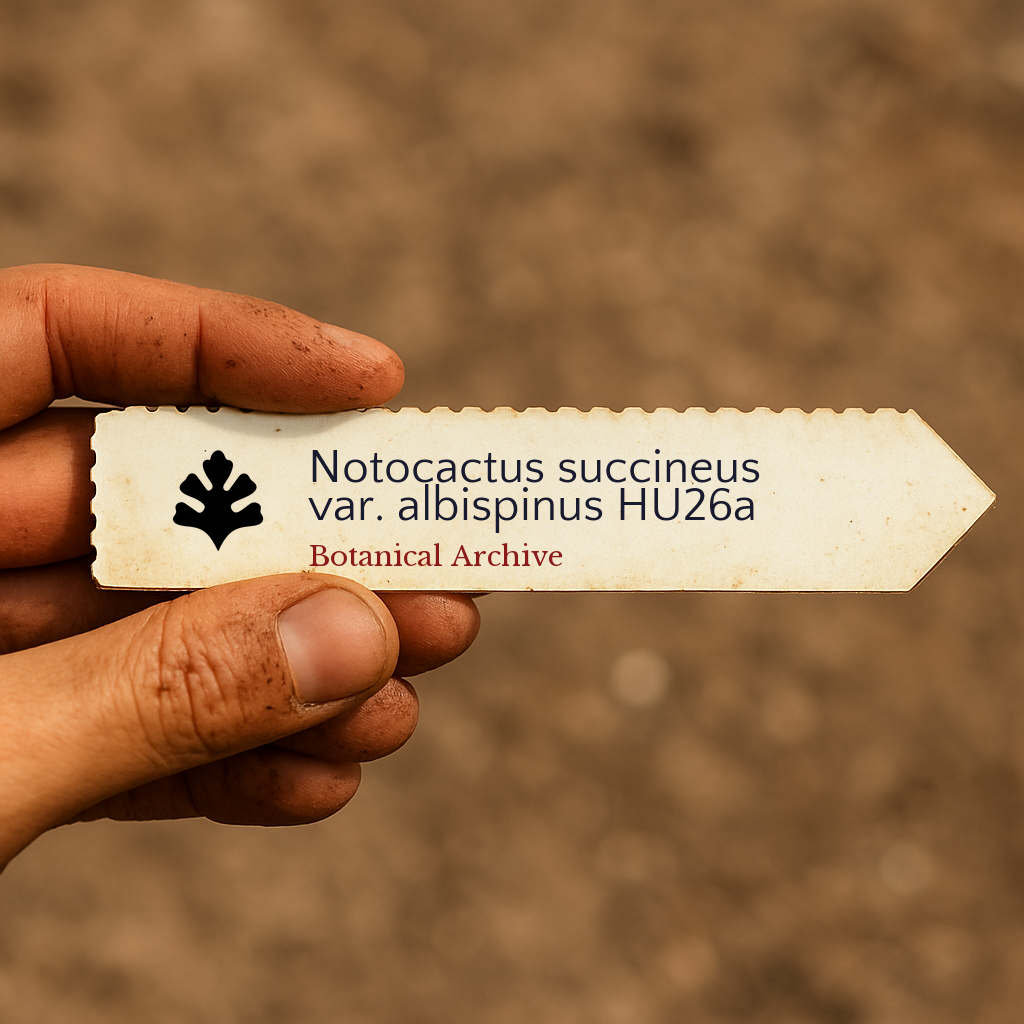 Etichetta per pianta stampata per Notocactus succineus var. albispinus tenuta a mano con sfondo di terriccio