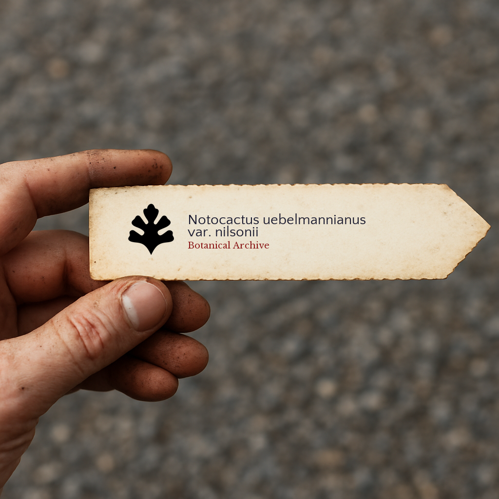 Printed plant label for Notocactus uebelmannianus var. nilsonii held in hand