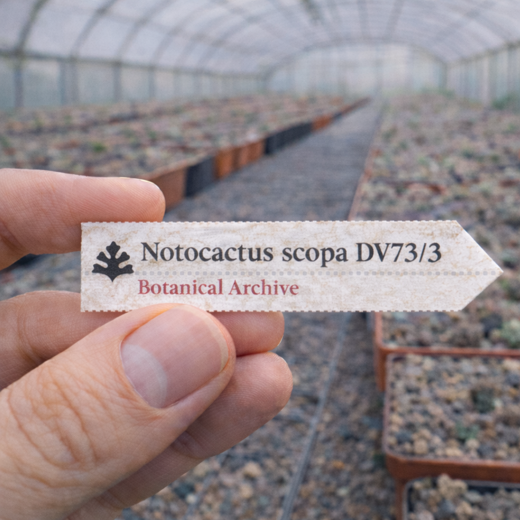 Printed plant label for Notocactus scopa DV73/3 held in greenhouse with seedling trays