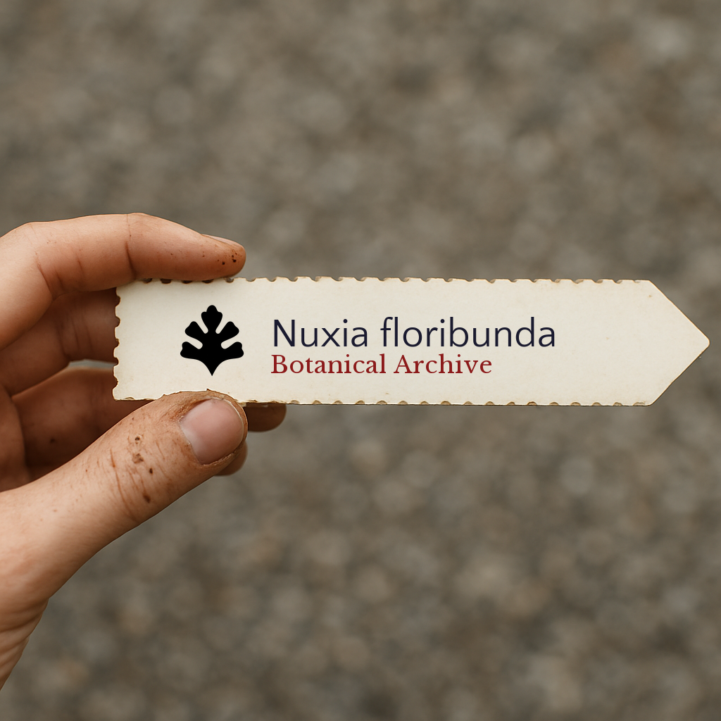 Etichetta per pianta stampata per Nuxia floribunda con logo Botanical Archive tenuta a mano