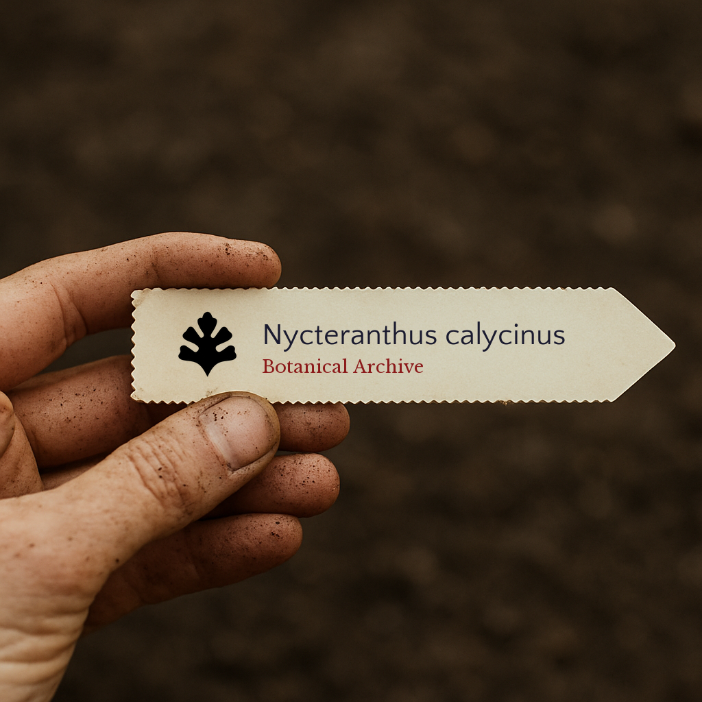 Etichetta stampata per pianta Nycteranthus calycinus tenuta su sfondo di terreno