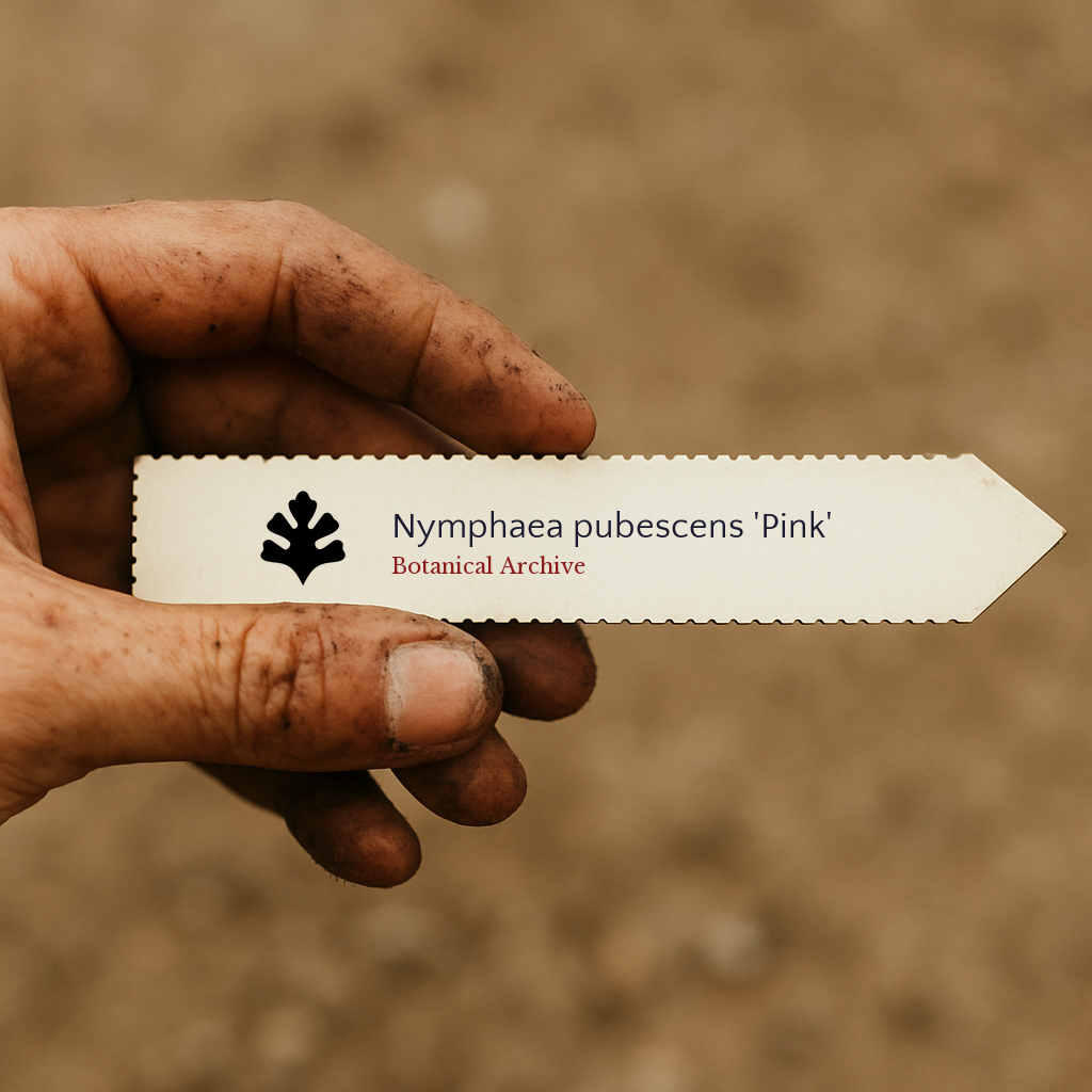 Printed plant label for Nymphaea pubescens 'Pink' held by dirty hand outdoors