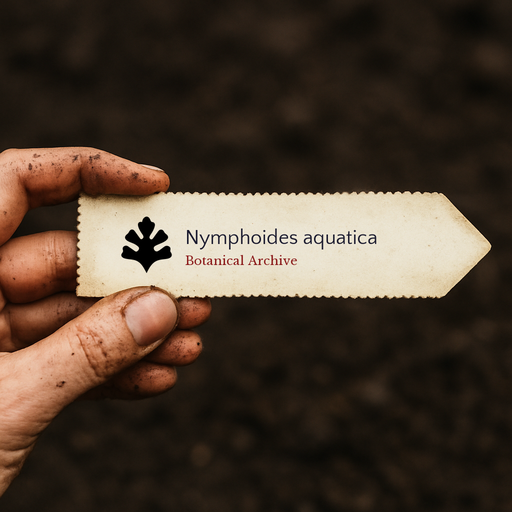 Etichetta per pianta stampata per Nymphoides aquatica tenuta da una mano sporca su sfondo di terra