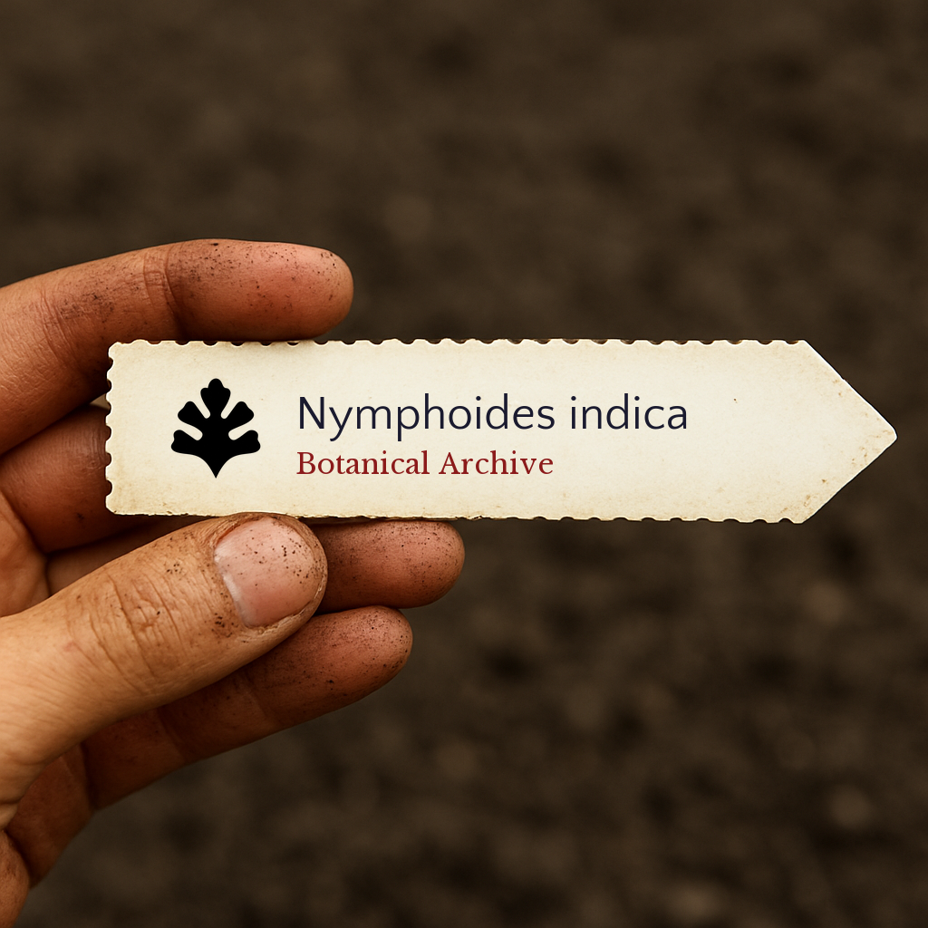 Printed plant label for Nymphoides indica held by hand over soil background