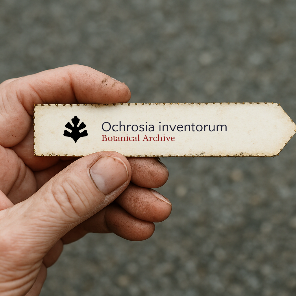 Printed plant label for Ochrosia inventorum held by dirty hand outdoors
