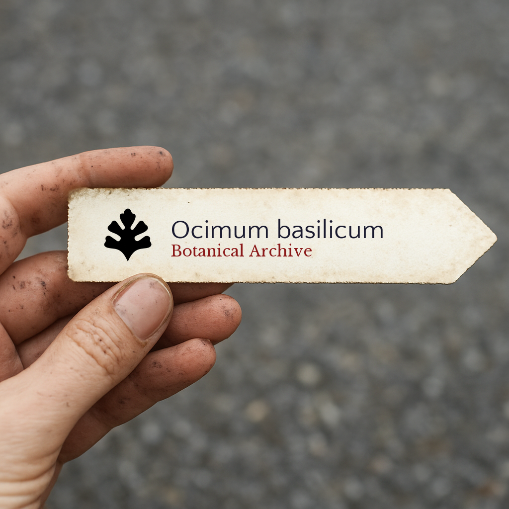 Printed plant label for Ocimum basilicum held by hand with dirt background