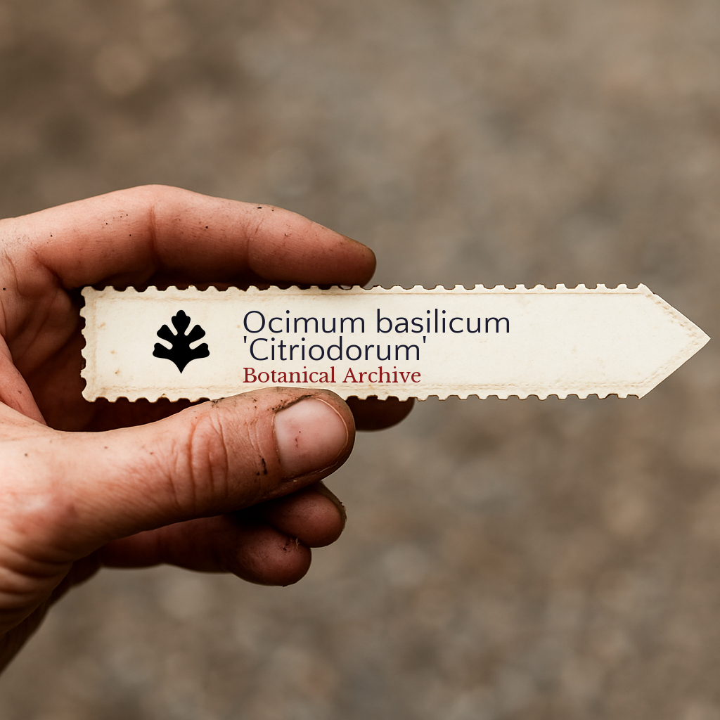 Printed plant label for Ocimum basilicum 'Citriodorum' held by hand with dirt background