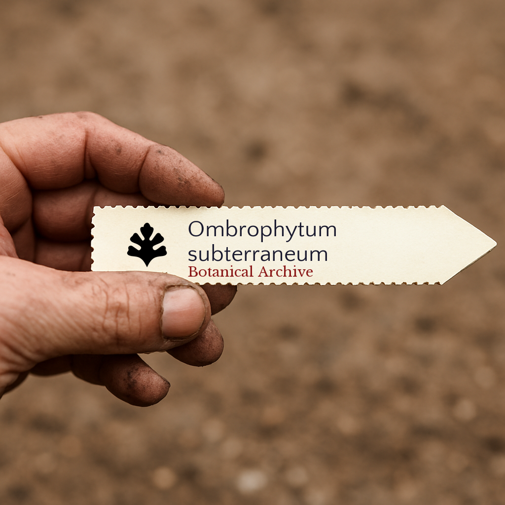 Printed plant label for Ombrophytum subterraneum held by hand over soil background