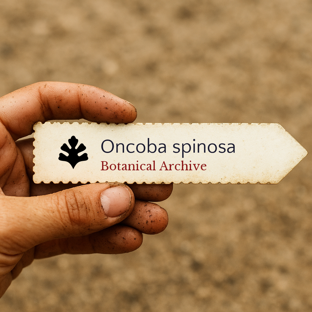 Printed plant label for Oncoba spinosa with botanical archive logo held by dirty hand