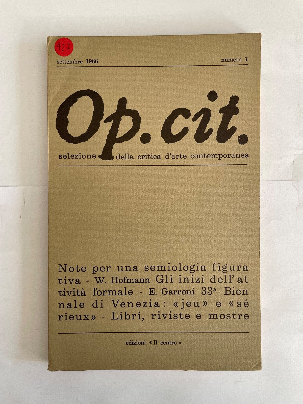 Op.cit. vintage Italian contemporary art criticism magazine September 1966 issue number 7