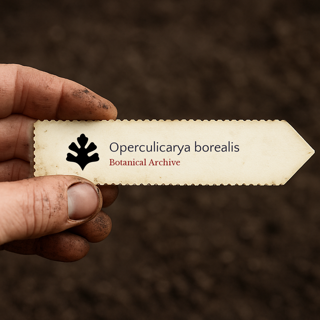 Etichetta stampata per pianta Operculicarya borealis tenuta a mano con sfondo di terreno