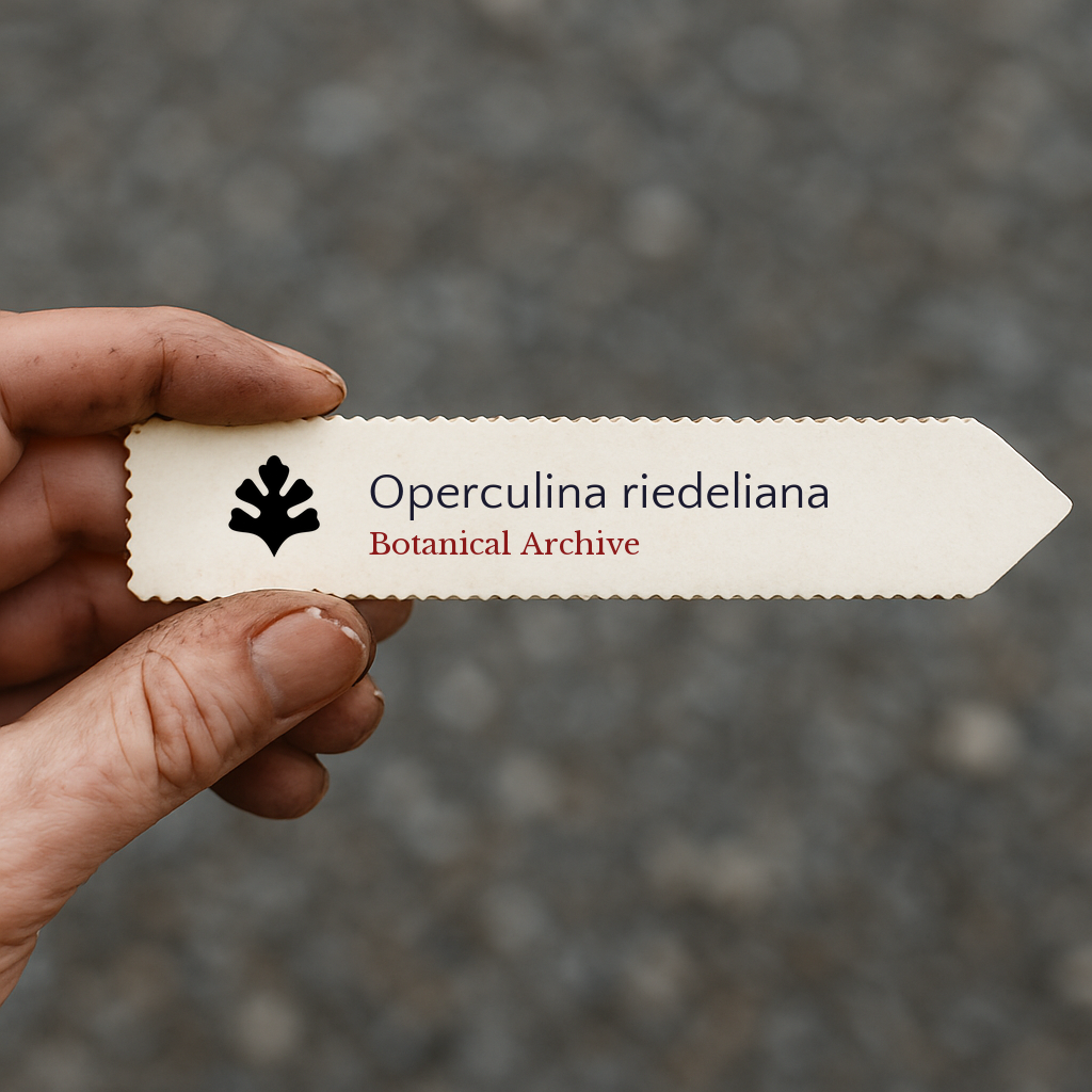 Printed plant label for Operculina riedeliana held by hand with blurred background