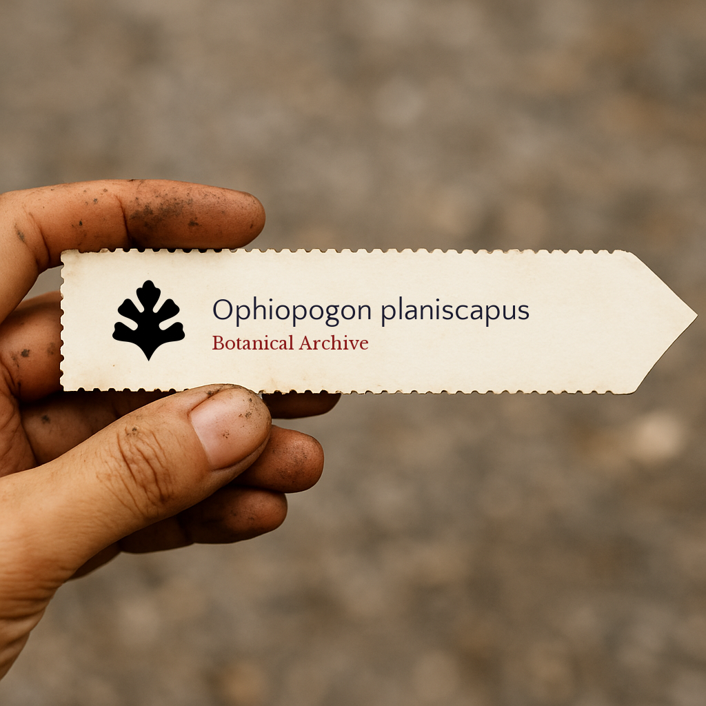 Etichetta stampata per pianta di Ophiopogon planiscapus tenuta da mano sporca all'aperto