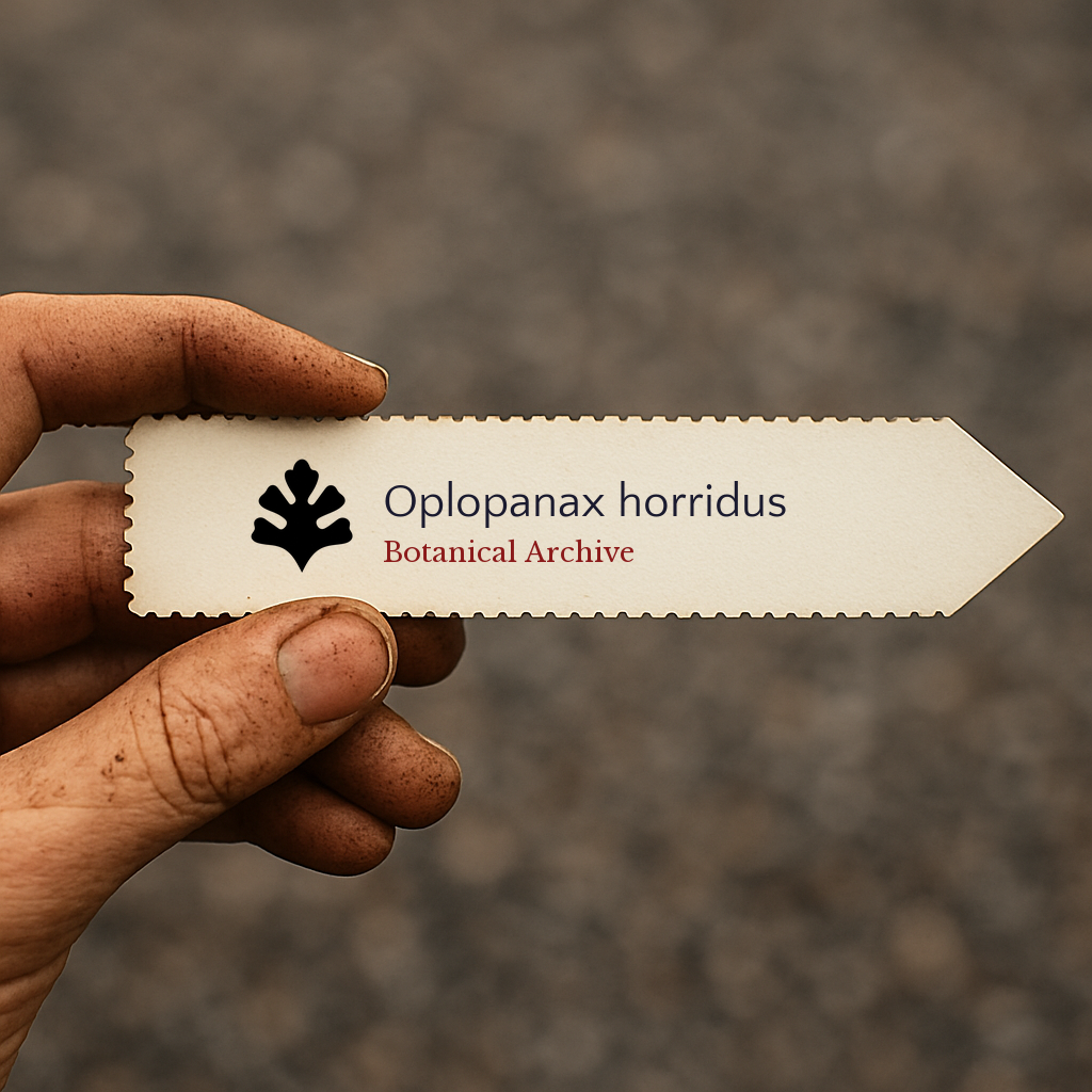 Printed plant label for Oplopanax horridus held by hand with dirt background