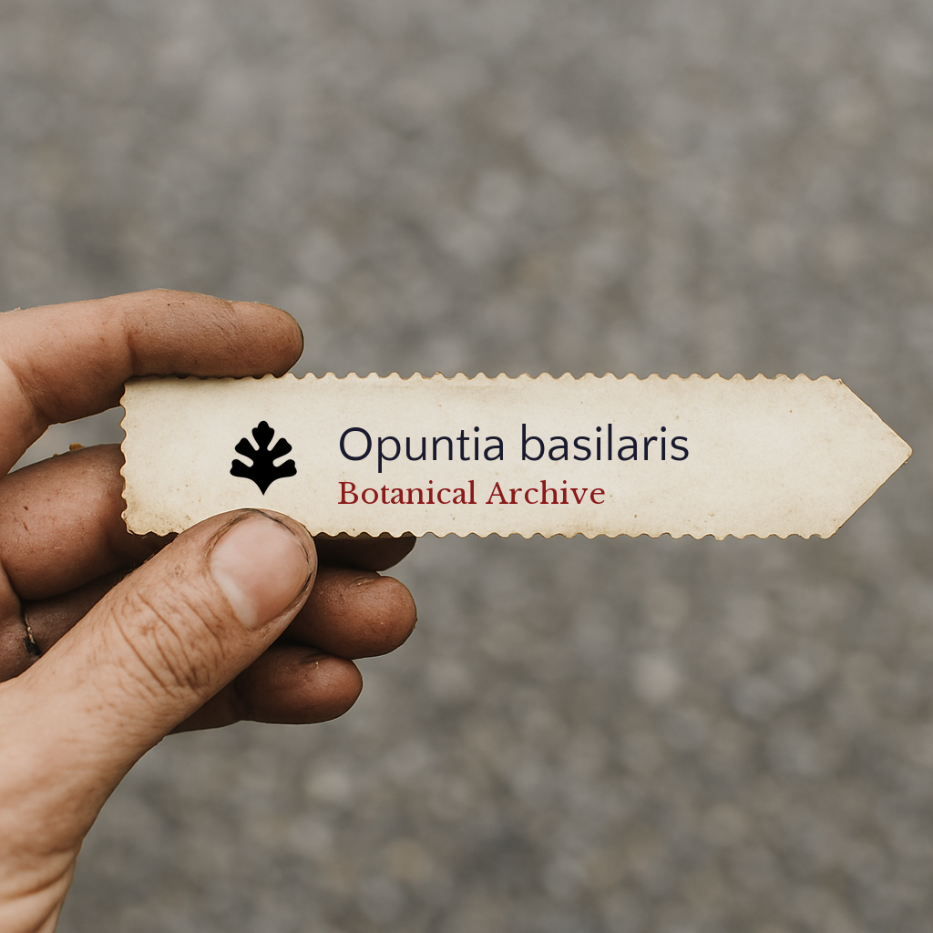 Cartellino con stampa di pianta per Opuntia basilaris con logo Botanical Archive tenuto a mano