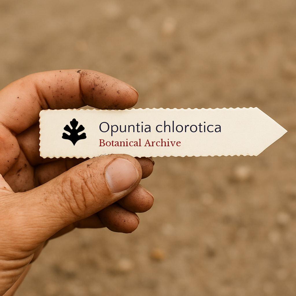 Etichetta per piante stampata per Opuntia chlorotica tenuta a mano con sfondo di terreno