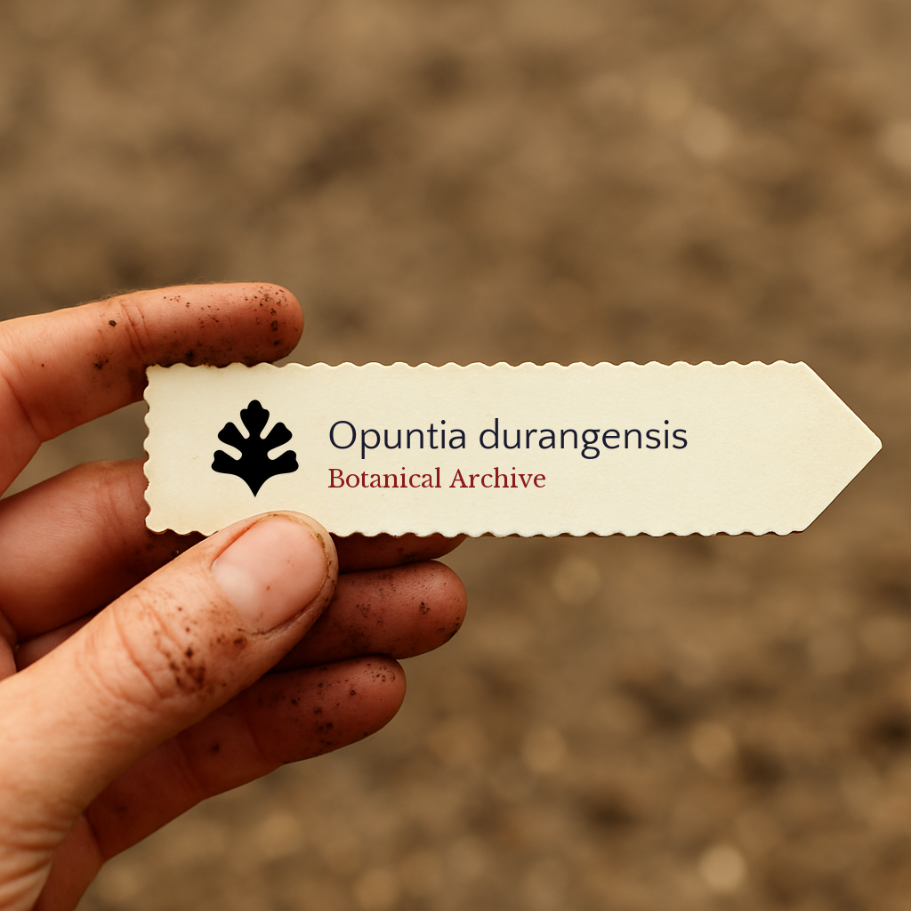 Printed plant label for Opuntia durangensis held by dirty hand against soil background