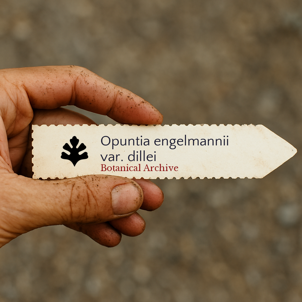 Printed plant label for Opuntia engelmannii var. dillei held by dirty hand outdoors