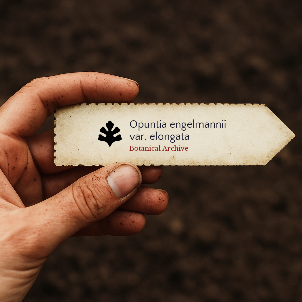 Printed plant label for Opuntia engelmannii var. elongata held in dirty hand over soil background