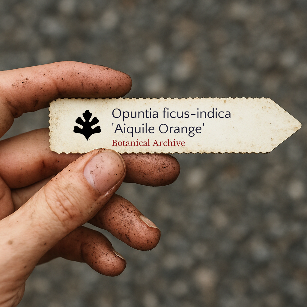 Etichetta stampata per pianta di Opuntia ficus-indica 'Aiquile Orange' tenuta da mano sporca