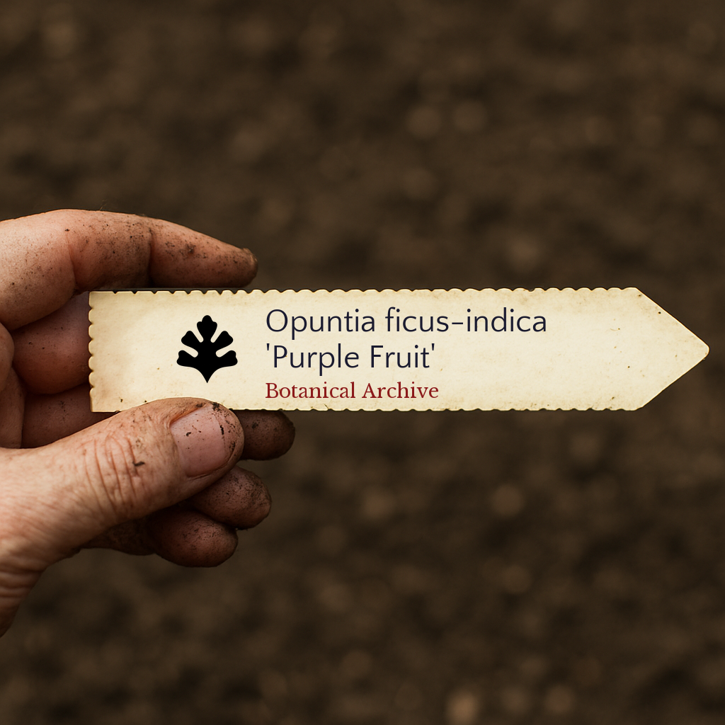 Plant label for Opuntia ficus-indica 'Purple Fruit' held by dirty hand over soil background