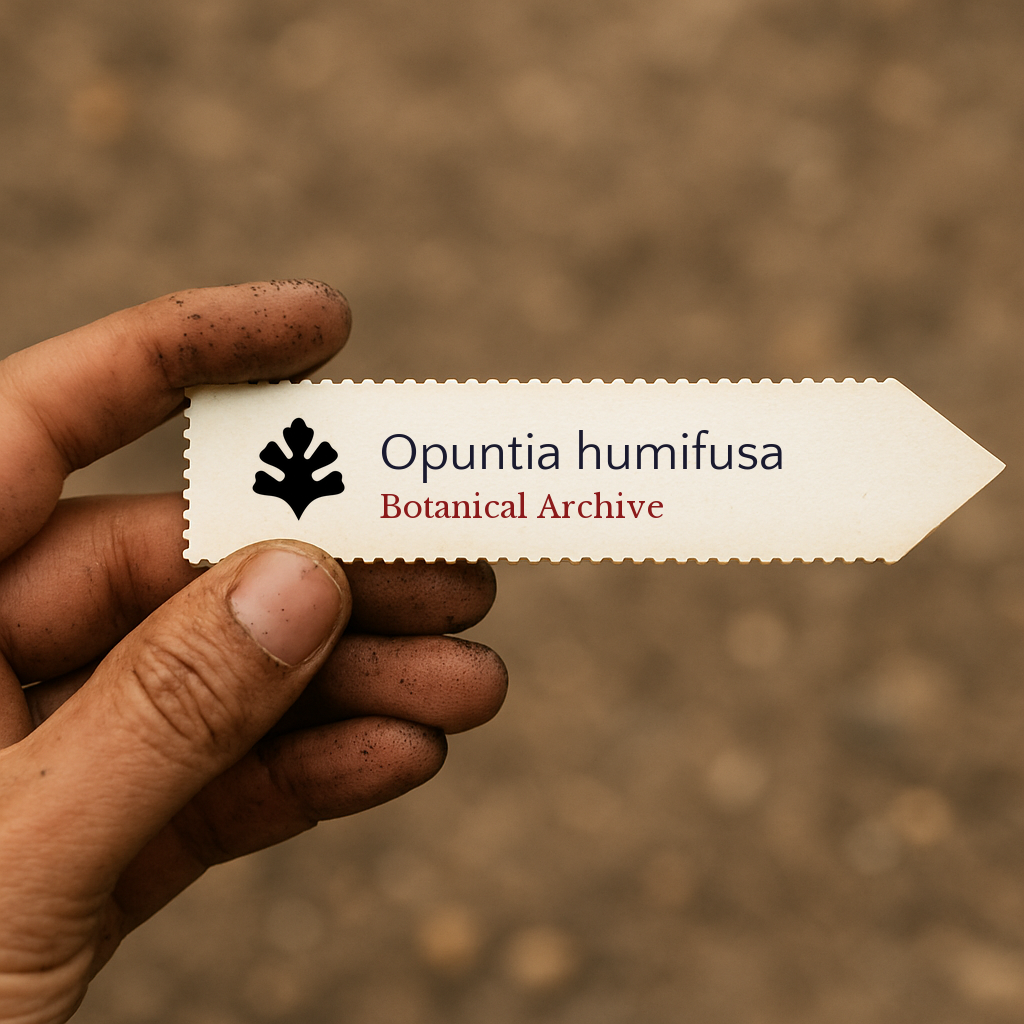 Printed plant label for Opuntia humifusa held by dirty hand against soil background