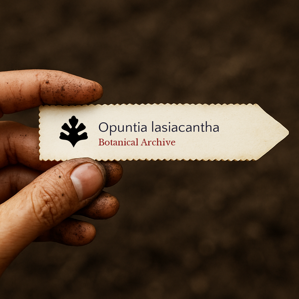 Printed plant label for Opuntia lasiacantha held by dirty hand against soil background