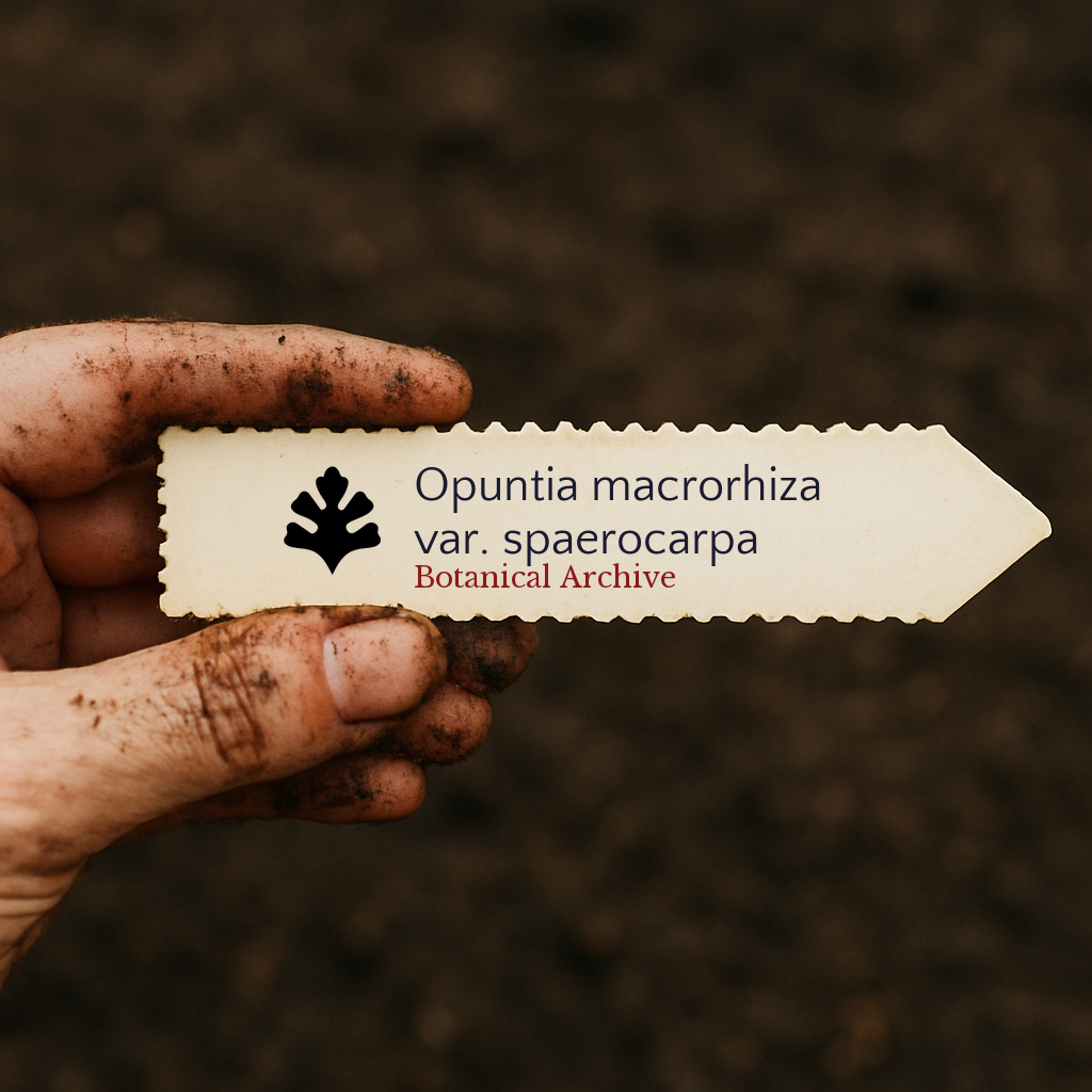 Etichetta per pianta di Opuntia macrorhiza var. spaerocarpa tenuta da una mano sporca su sfondo di terreno