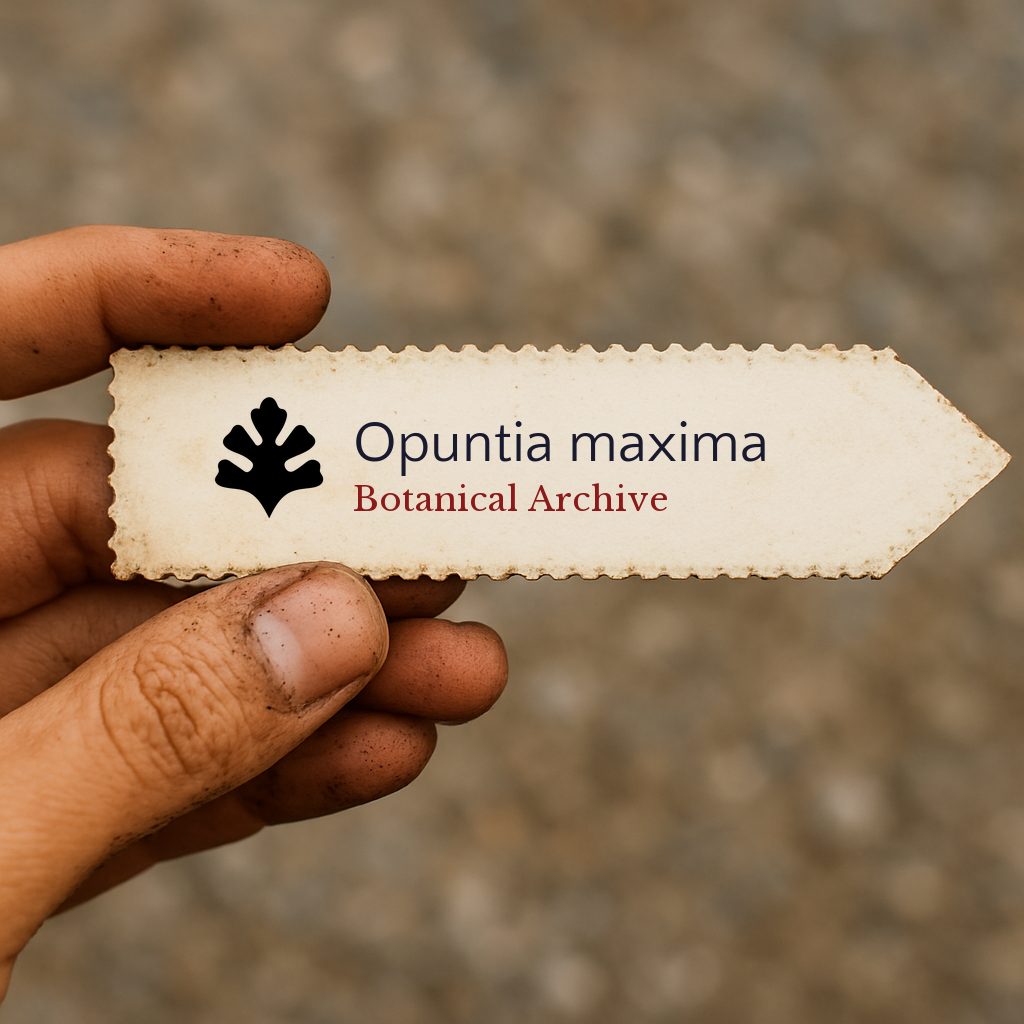 Printed plant label for Opuntia maxima held by dirty hand on blurred background